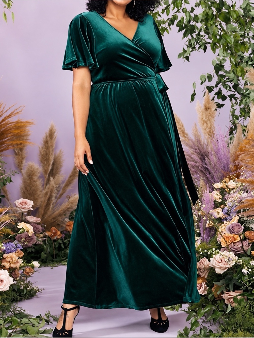 ModCloth Emerald Green Velvet Flutter Sleeve Maxi Wrap Dress